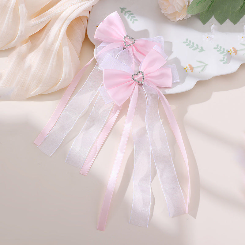 Natural Style Double-Layer Bow Hair Clip for Girls with Pink Lace, Tassel, Heart Shape, Rhinestone Accents and Ribbon Detail