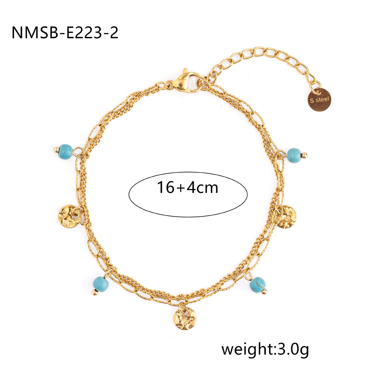 Bracciale da donna a doppio strato turchese con ciondolo a disco ondulato in acciaio inossidabile, minimalista e alla moda