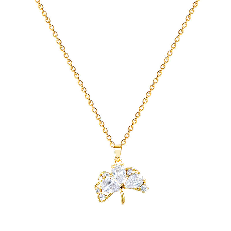 Elegant Ginkgo Leaf Pendant Necklace in Titanium Steel with Full Rhinestone Inlay for Women, Delicate Clavicle Chain with Geometric and Natural Design
