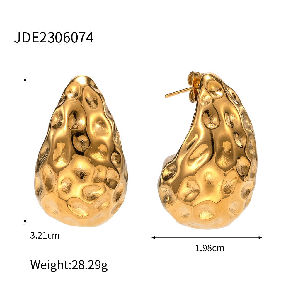 Minimalist Geometric Stainless Steel Earrings with 18K Gold Plating and Teardrop Hammered Texture for Women