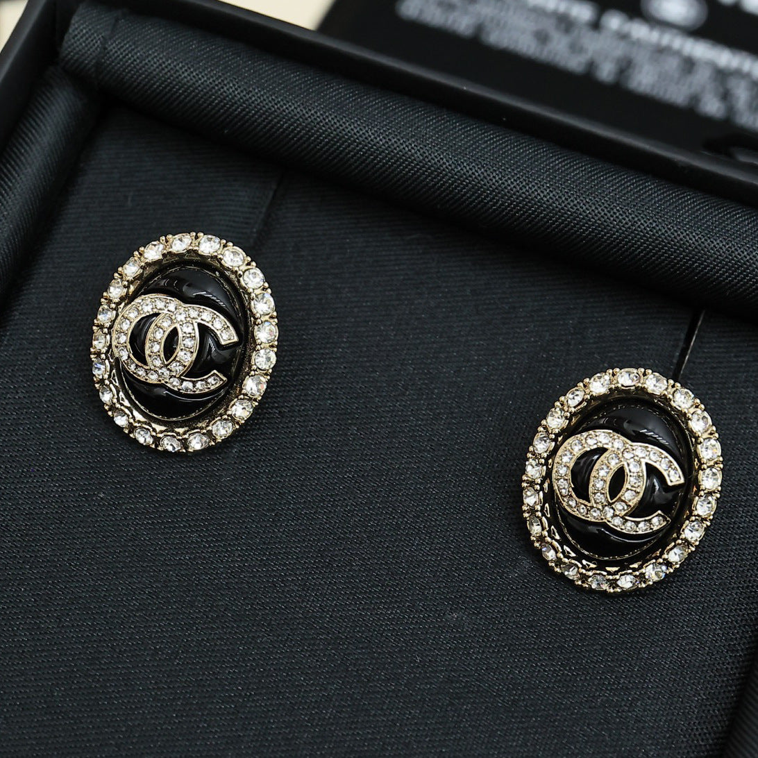 Vintage Oval Letter Enamel Gold Plated Brass Earrings with 925 Sterling Silver Posts for Women