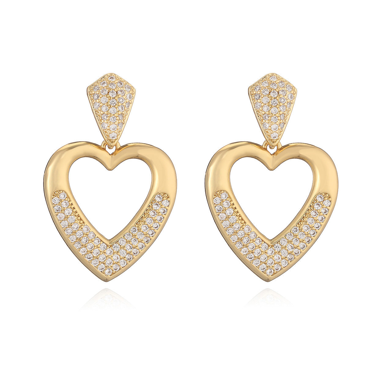 Orecchini a Cuore Minimalisti in Rame con Placcatura in Oro Vero e Intarsio in Zircone, Design Cavo per Donna