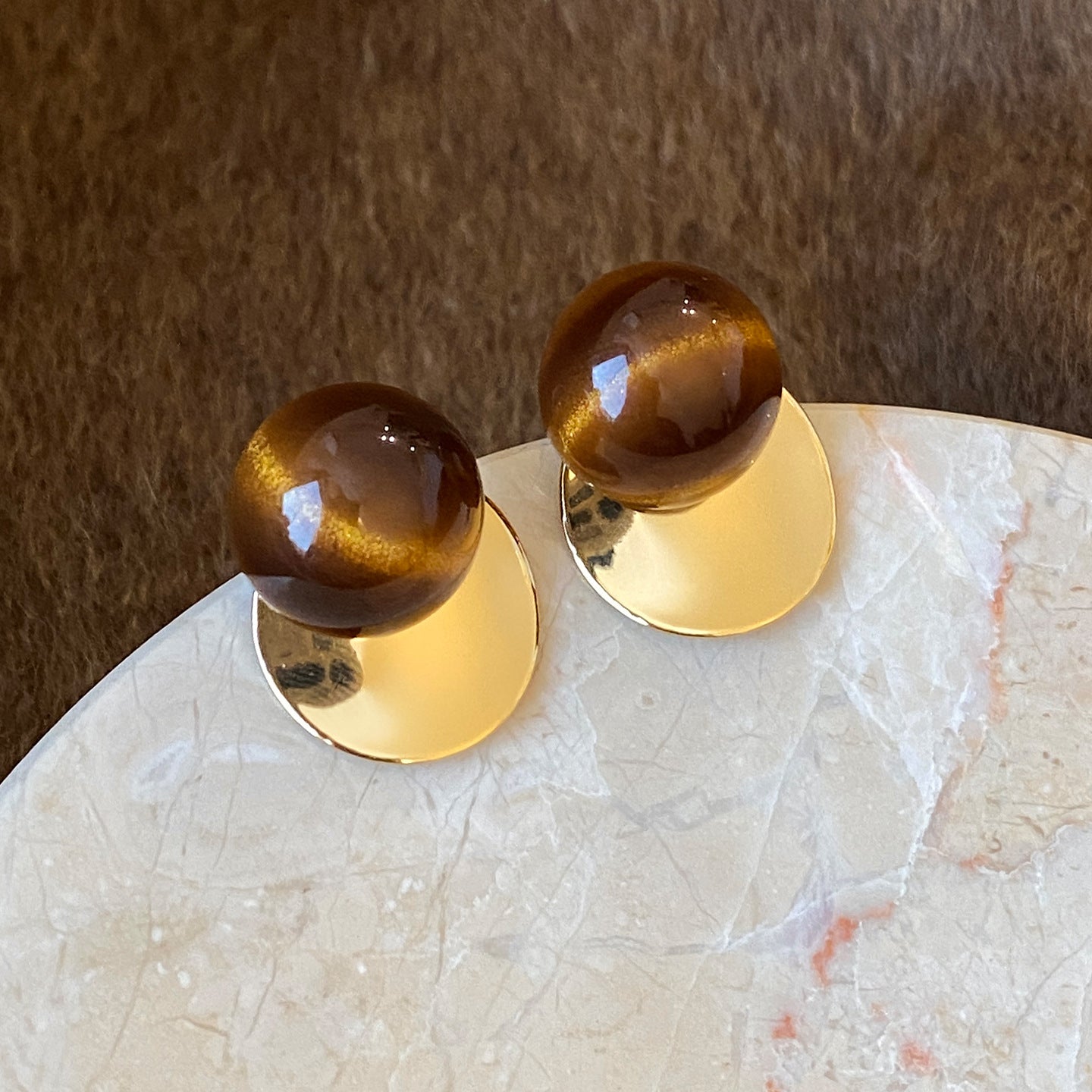 Pendientes de Tachuela de Ojo de Tigre Geométricos Chapados en Cobre para Mujer - Otoño Invierno Retro Minimalista para Uso Diario en la Oficina
