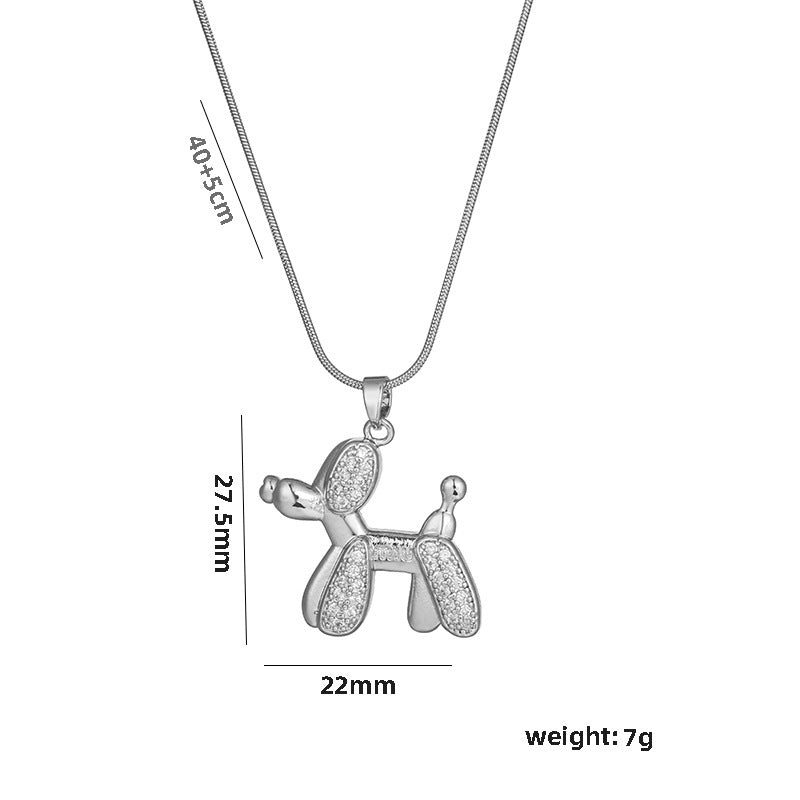 Cute Balloon Dog Pendant Necklace for Women in Titanium Steel with Rhinestone Inlay, Minimalist Korean Style Snake Chain Choker