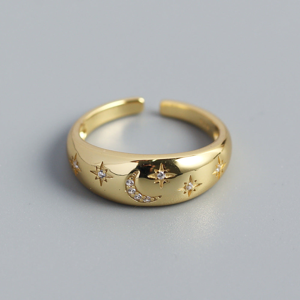 Vintage Minimalist 925 Sterling Silver Geometric Star Moon Rhinestone Inlay Open Ring for Women