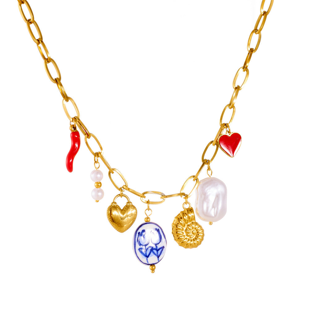 Sweet Gold Plated Drip Oil Heart Floral Stainless Steel Pendant Necklace for Women