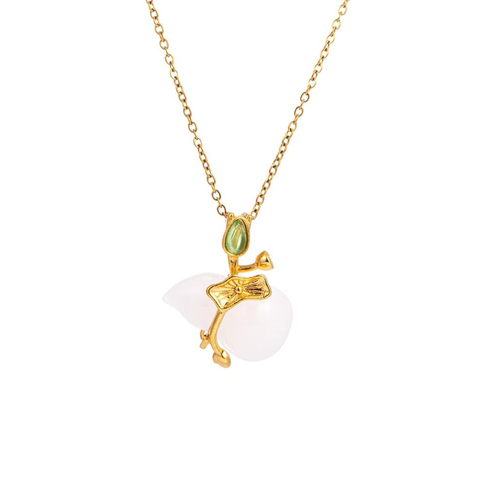 Vintage Floral Lotus and Gourd Jade Pendant Necklace in Titanium Steel with Plated Finish on O-Chain for Unisex Wear