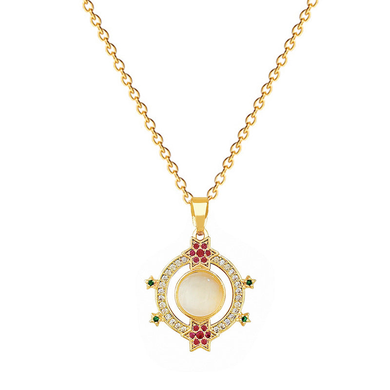 Cartoon Style Cat's Eye Round Hoop Necklace for Women Stainless Steel Minimalist Geometric Pendant with Rhinestone Accents