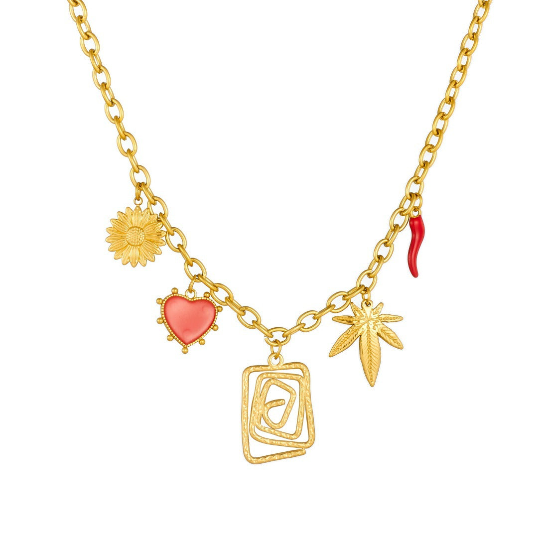 Vintage Gold Plated Geometric Square Leaf Heart Drip Oil Stainless Steel Pendant Necklace for Women
