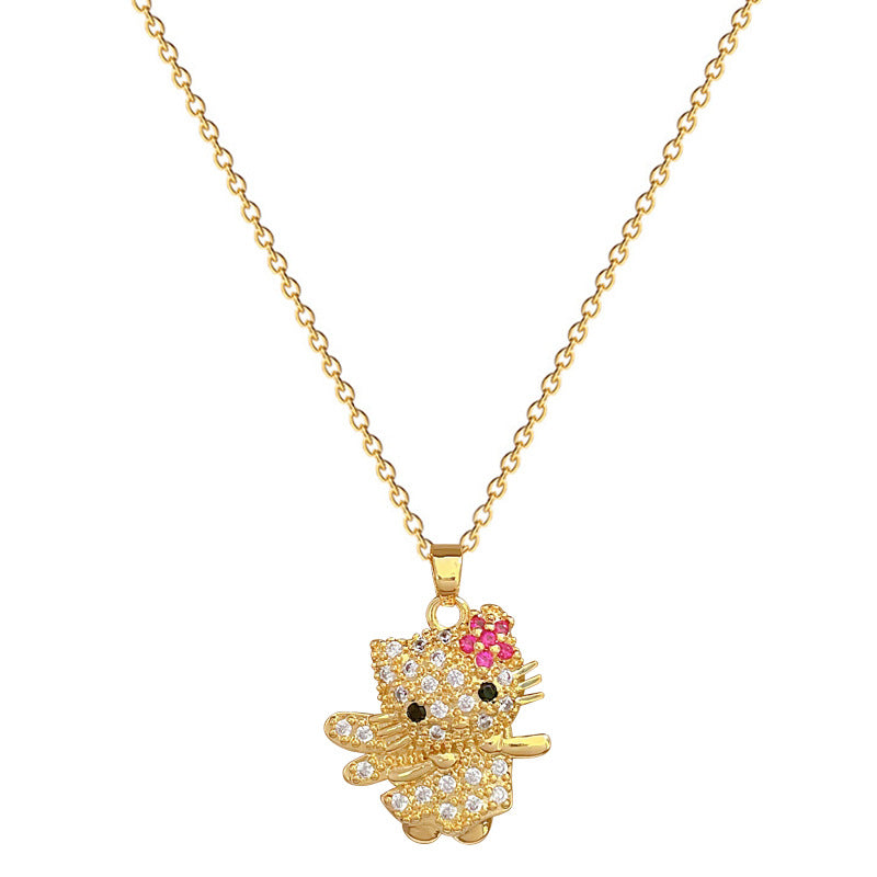 Cartoon Style Floral Cat Pendant Necklace in Titanium Steel with Rhinestone Inlay for Women and Unisex, Delicate Clavicle Chain
