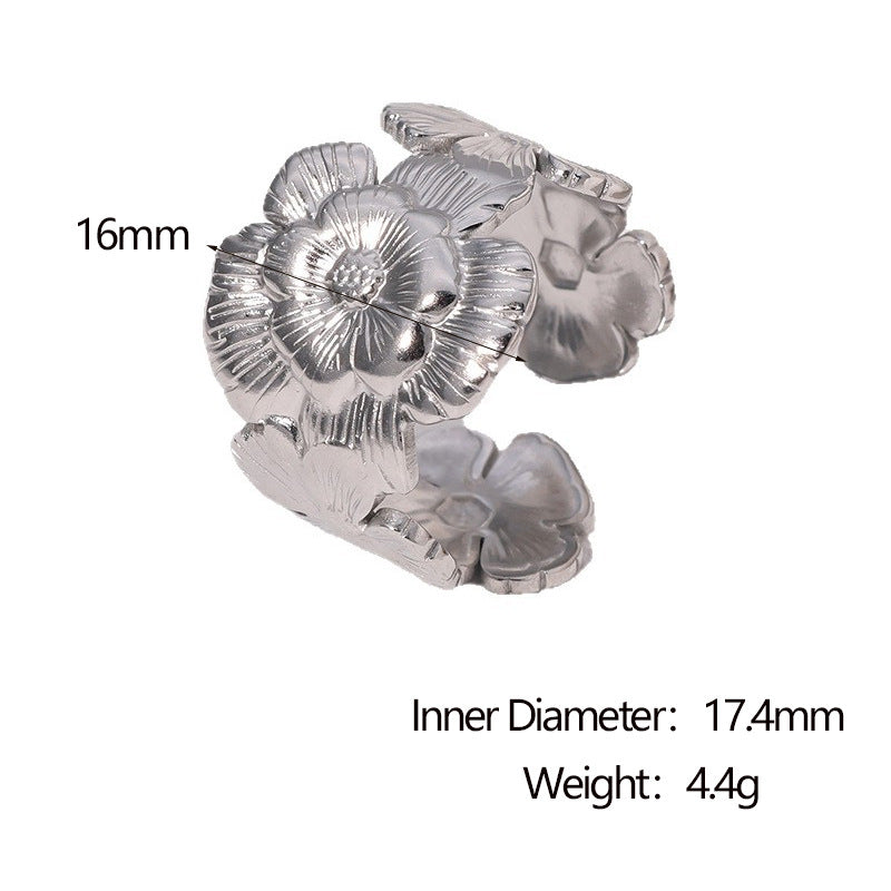 Minimalist Floral Open Ring in Stainless Steel with 18K Gold Plating for Women