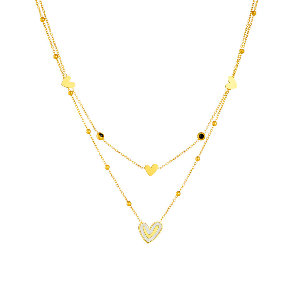 Minimalist Elegant Gold Plated Stainless Steel Heart Rhinestone Necklace with Layered Cable Chain for Women