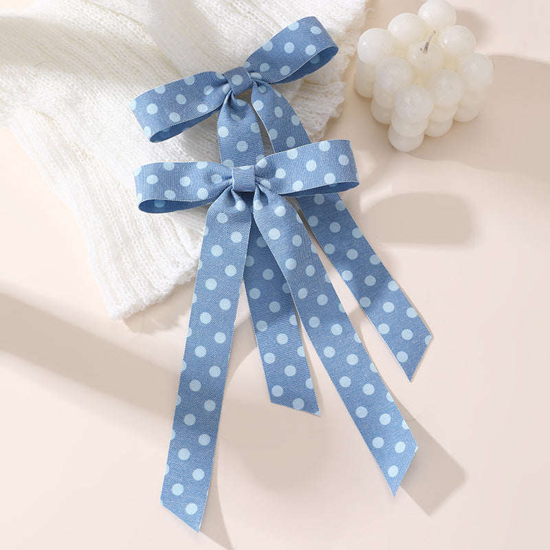 Ribbon Bow Hair Clip for Girls with Polka Dot Pattern and Ruffled Mesh Detail, Plastic Resin Duckbill Hairpin for Ponytail, Natural Style Children's Hair Accessory