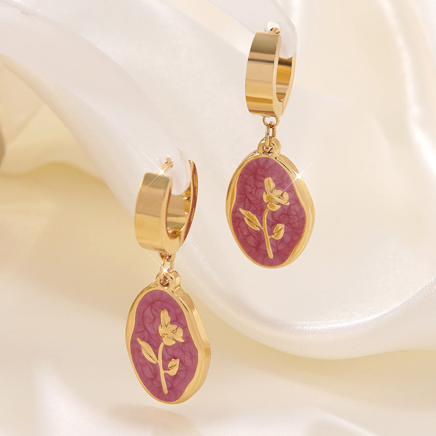 Vintage Floral Drip Oil Stainless Steel Rose Earrings for Women