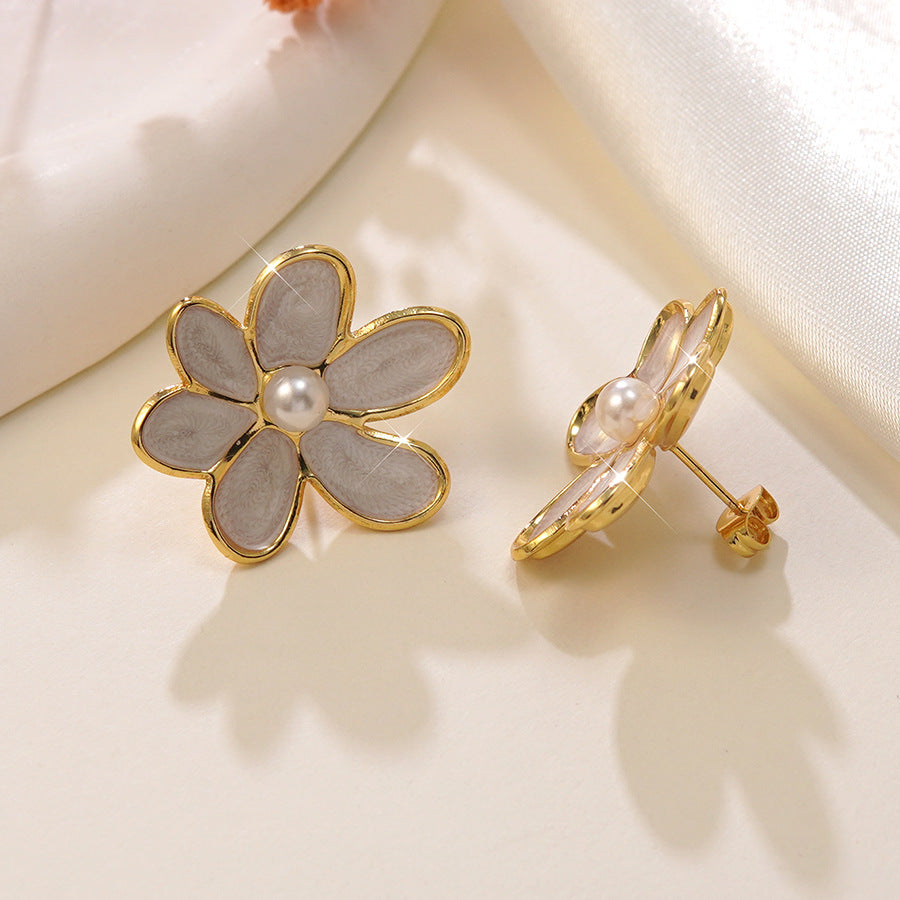Orecchini pendenti vintage in acciaio inossidabile con perle e decorazione floreale a goccia