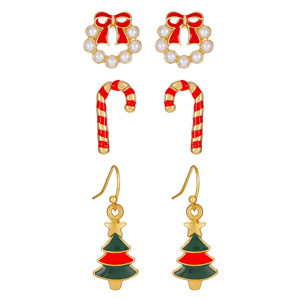 Juego de pendientes navideños para mujer con dijes esmaltados de Papá Noel y árbol, aretes de aleación con postes de oro de 14 quilates