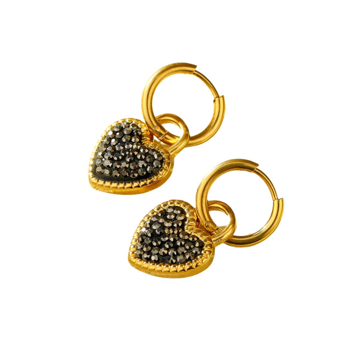 Fashionable Heart-Shaped Titanium Steel Earrings with Rhinestone Inlay, Electroplated for Fade-Resistant Minimalist and Office-Ready Style
