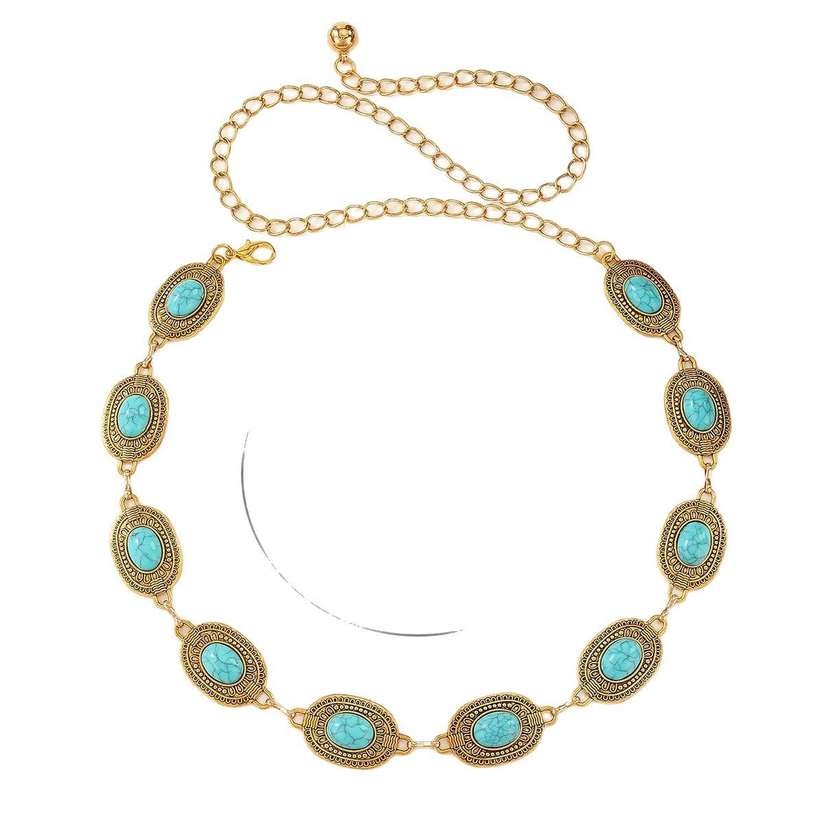 Vintage Bohemian Floral Turquoise Inlay Alloy Waist Chain for Women