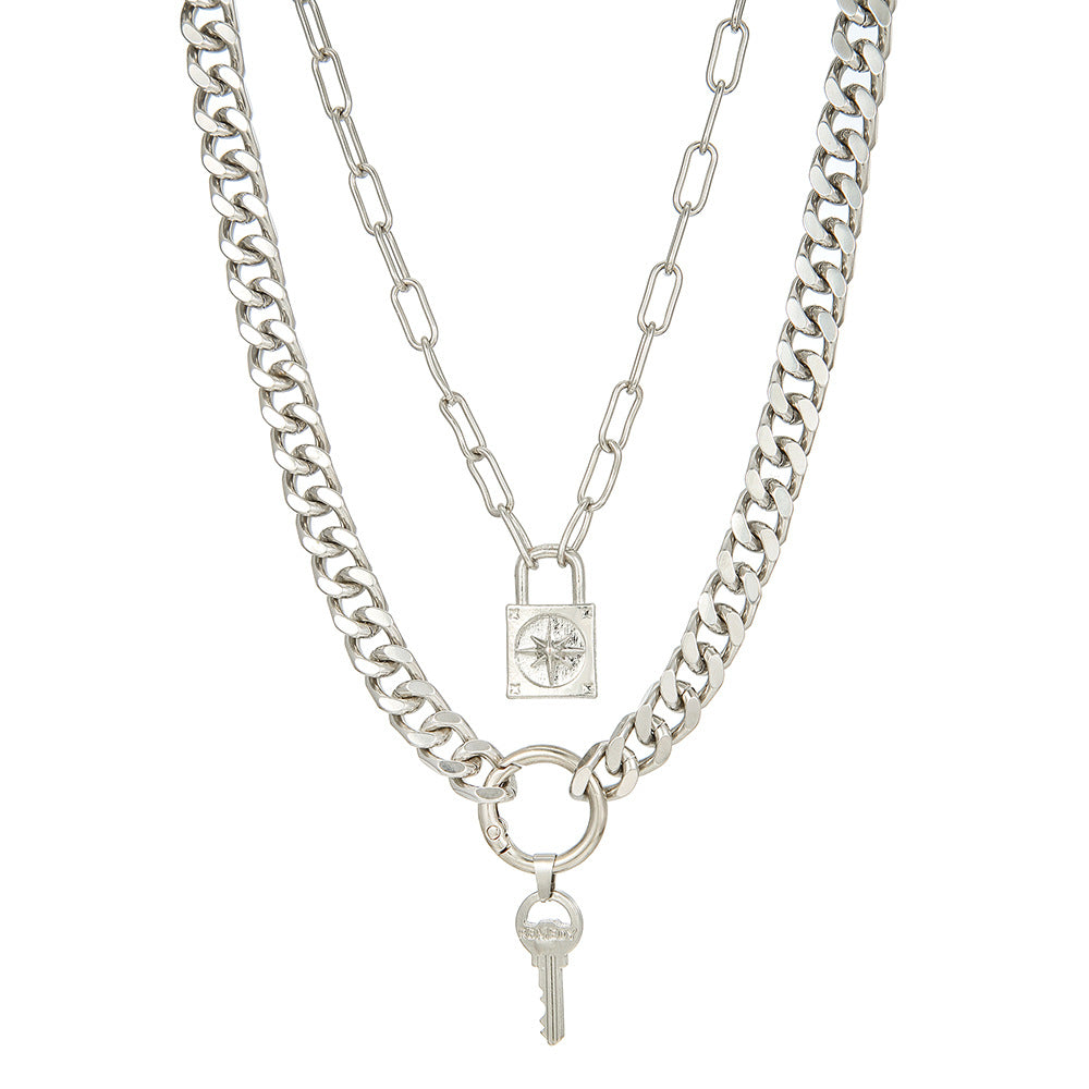 Vintage Punk Geometric Round Key Lock Pendant Handmade Iron Double Layer Cuban Link Cable Chain Necklace for Women