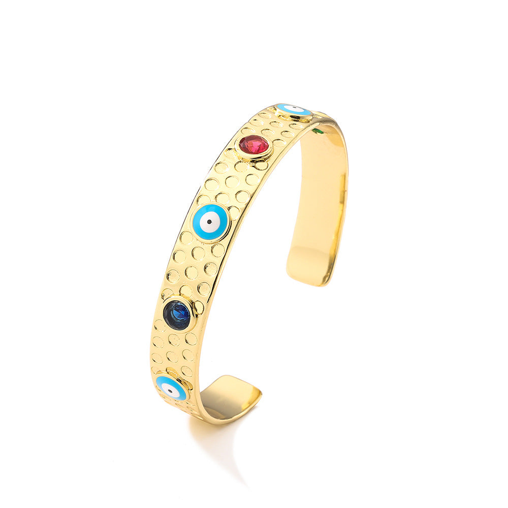 Bohemian Style Geometric Open Cuff Bracelet for Women with Copper Base Plated in Real Gold and Enamel Eye Design with Micro-Pave Zirconia