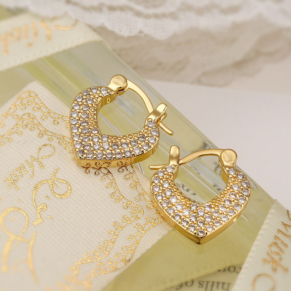 Fashionable Heart-Shaped Copper Earrings with Real Gold Plating and Zircon Inlay for Women