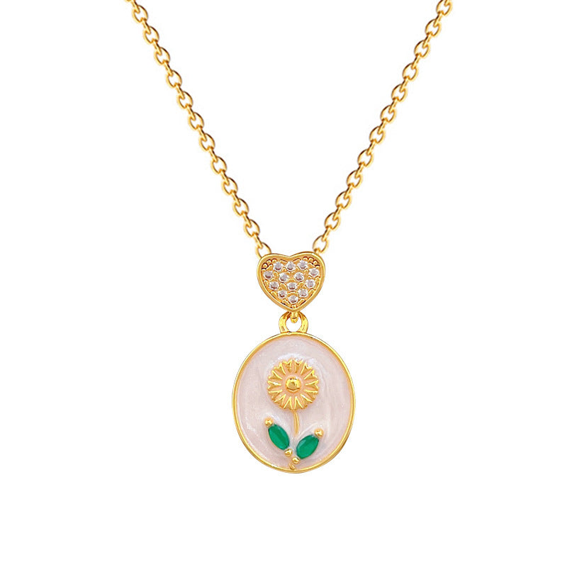 Sweet Elegant Heart Geometric Floral Drip Oil Rhinestone Titanium Steel Necklace for Unisex