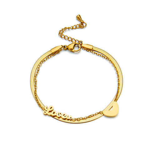 Fashionable Minimalist Double-Layer Stackable Heart-Shaped Titanium Steel Bracelet with Letter Charms and Plated Finish
