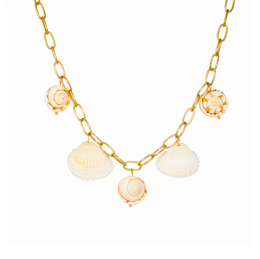 Bohemian Gold Plated Seashell Conch Shell Pendant Curb Chain Necklace for Women