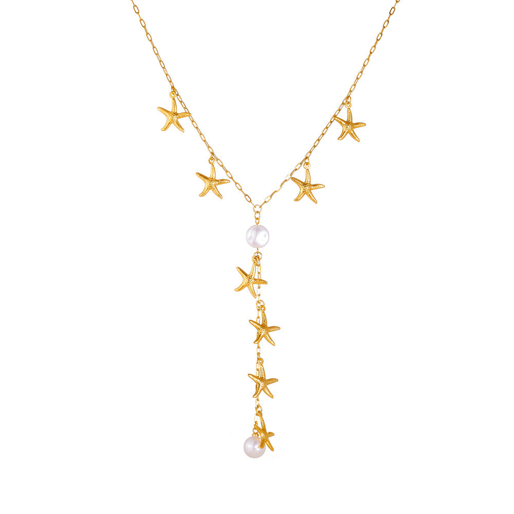Minimalist Elegant Gold Plated Stainless Steel Star Pearl Y-Chain Tassel Necklace for Women