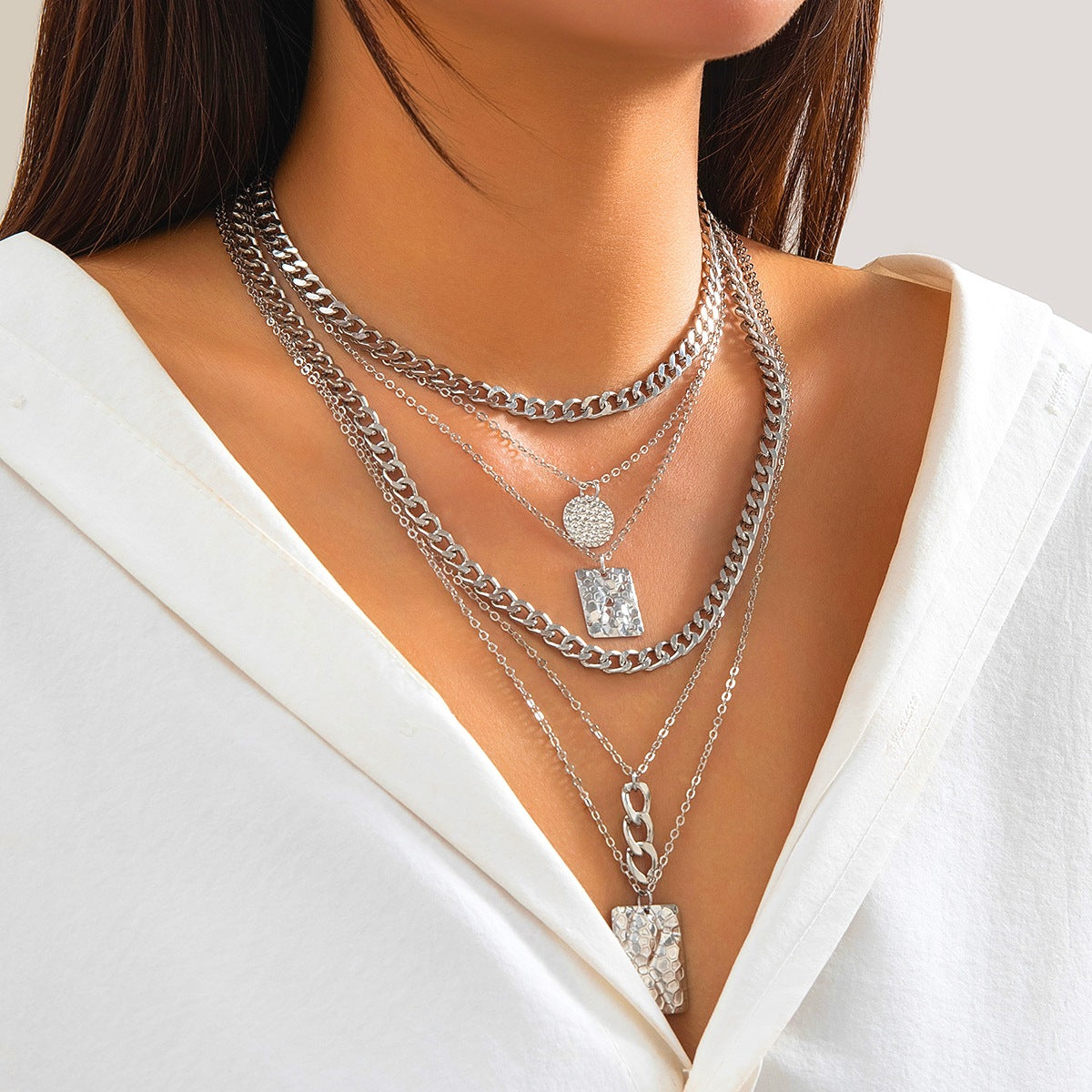 Hip-hop Geometric Square Crystal Pendant Plated Alloy Necklace Singapore Chain Layered Set for Women