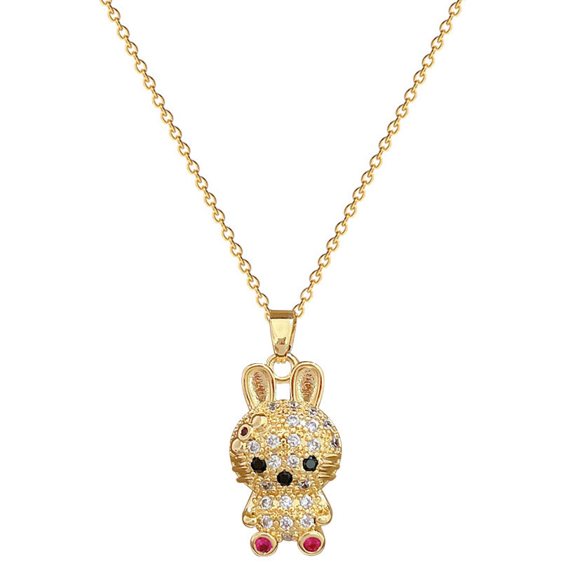 Collar con colgante de lujo de conejo de orejas largas y ojos rojos de acero de titanio para mujer, con incrustaciones completas de diamantes de imitación, diseño geométrico, elegante cadena para clavícula
