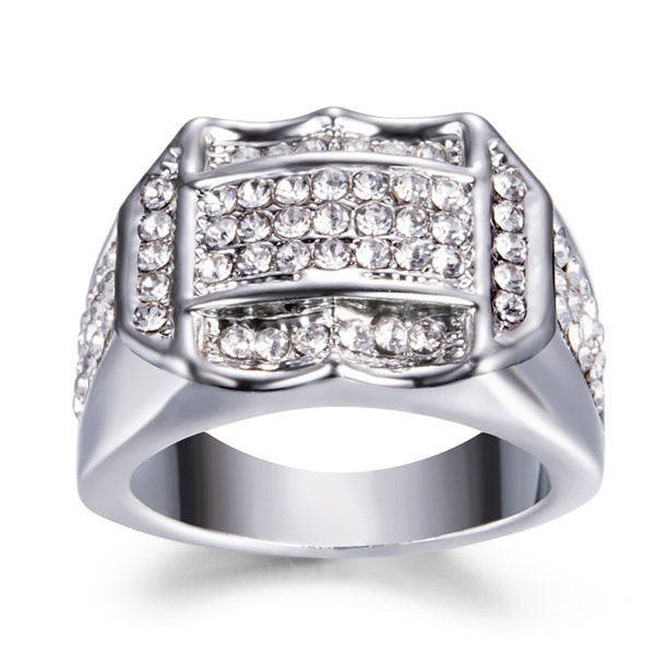 Hip-hop Luxury Geometric Square Rhinestone Plated Alloy Ring for Men and Women