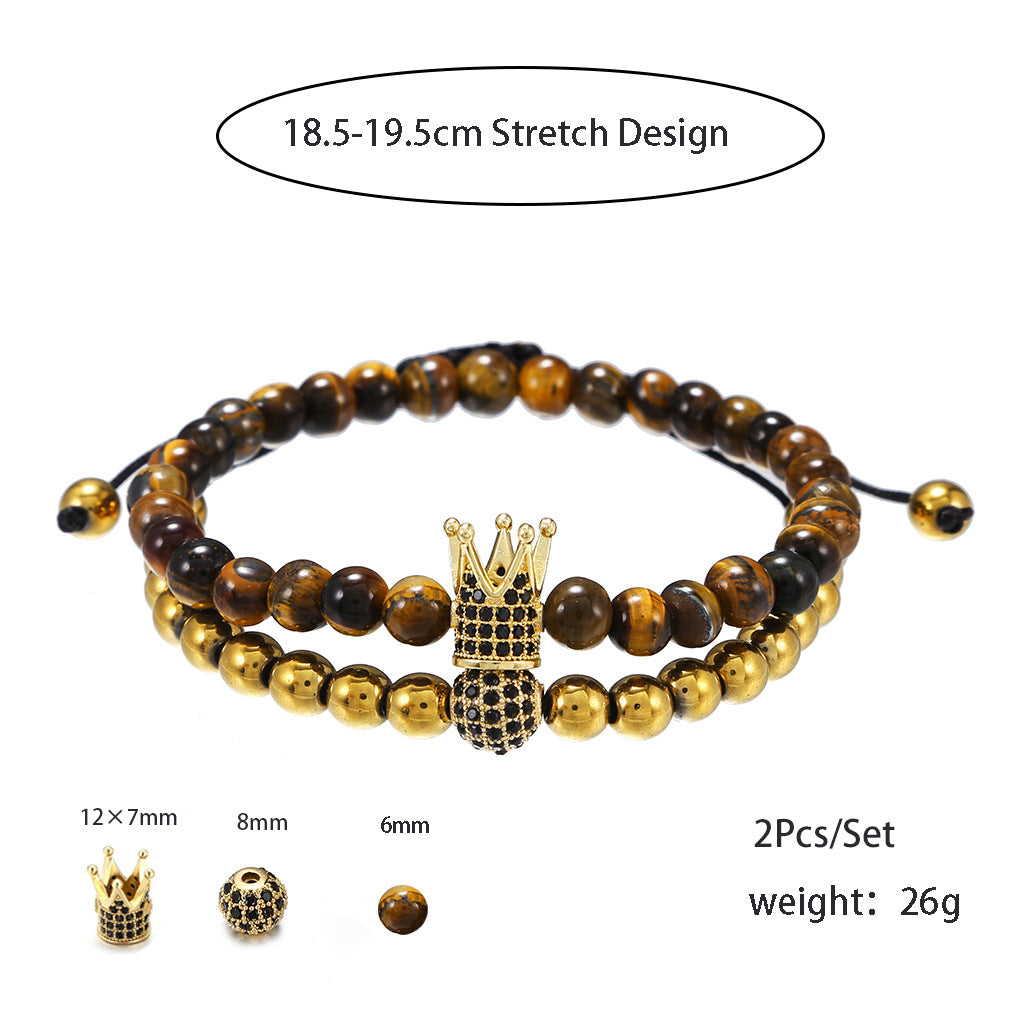 Geometric Crown Tiger's Eye and Cubic Zirconia Brass Bracelet Set