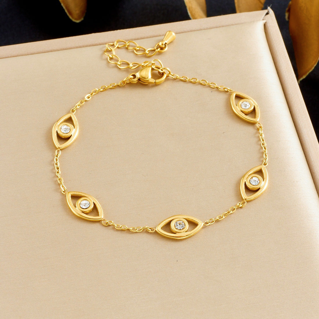 Gold Plated Stainless Steel Evil Eye Rhinestone Pendant Necklace Set for Women