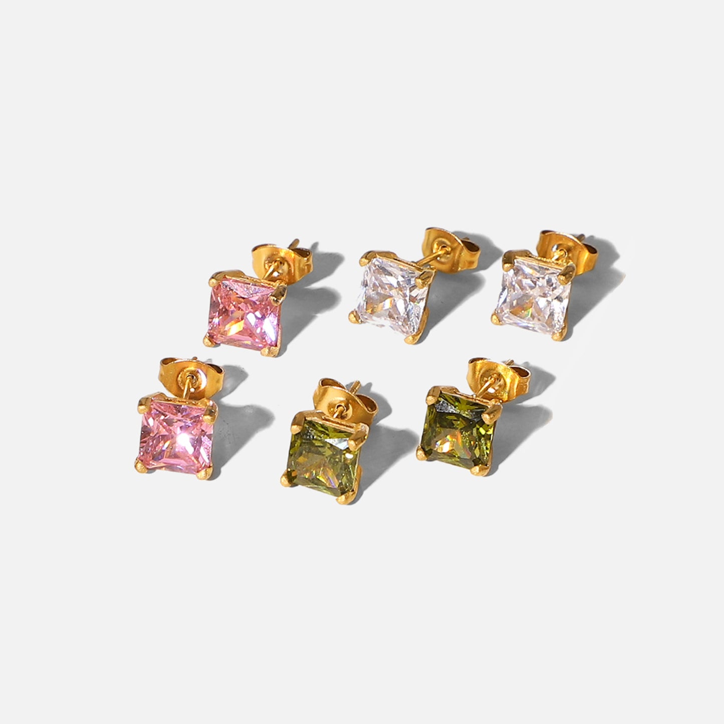 Minimalist 18K Gold Plated Stainless Steel Square Zircon Stud Earrings for Women