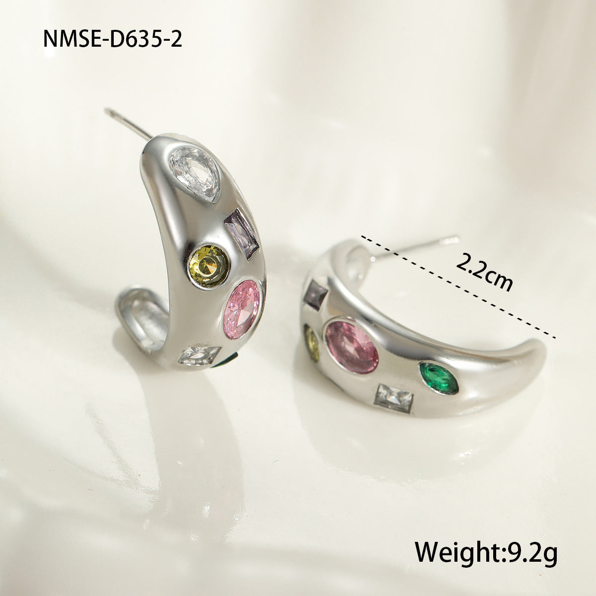 Orecchini a Cerchio in Acciaio Inox a Forma di U Geometrici in Stile Vintage con Intarsio di Zirconi Colorati e Finitura Placcata