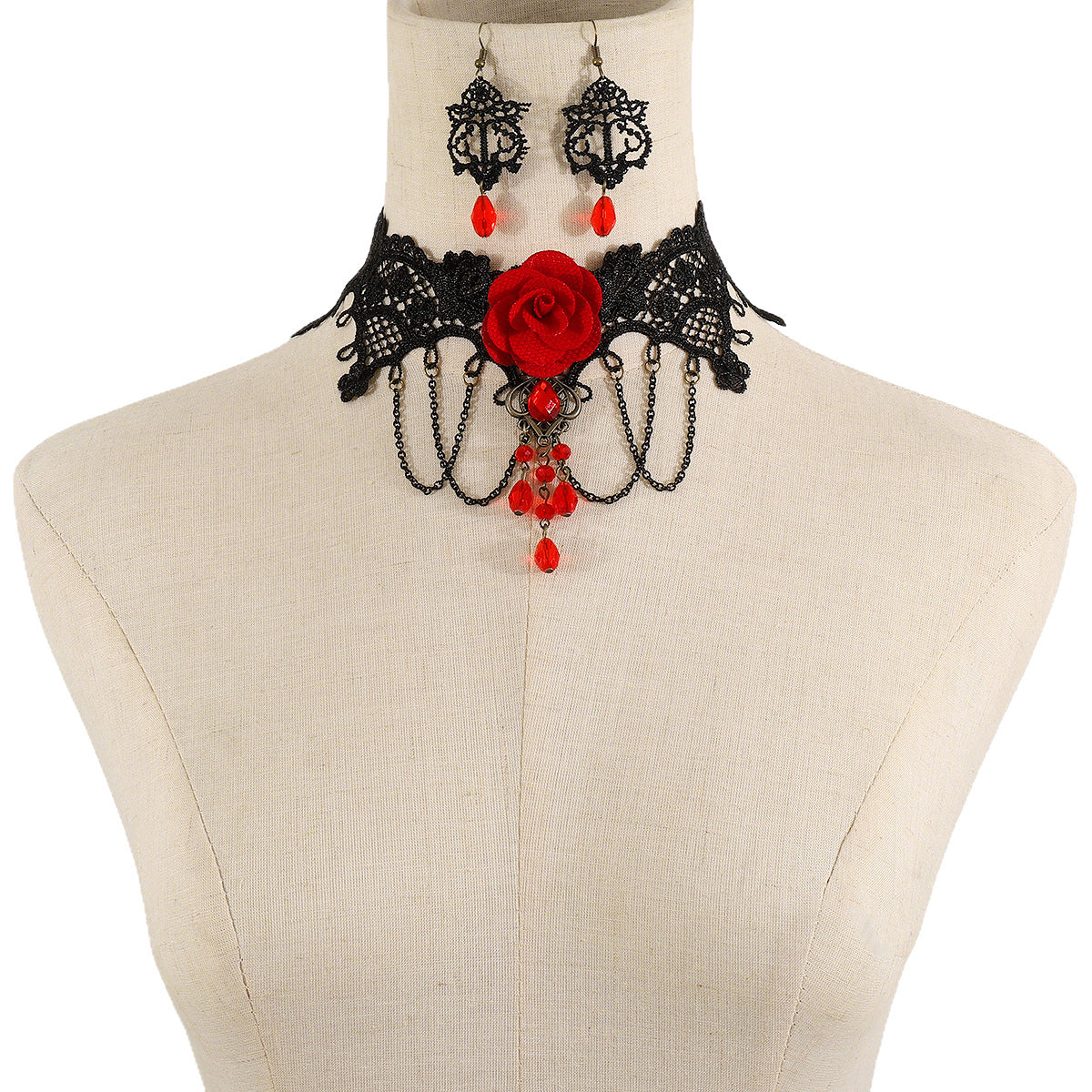 Sweet and Edgy Rose Floral Lace Necklace and Earrings Set with Rhinestone Accents for Women
