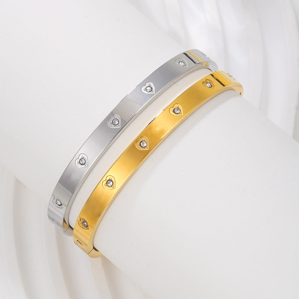Rhinstone Inlaid Heart Geometric Round Titanium Steel Stainless Steel Bracelet