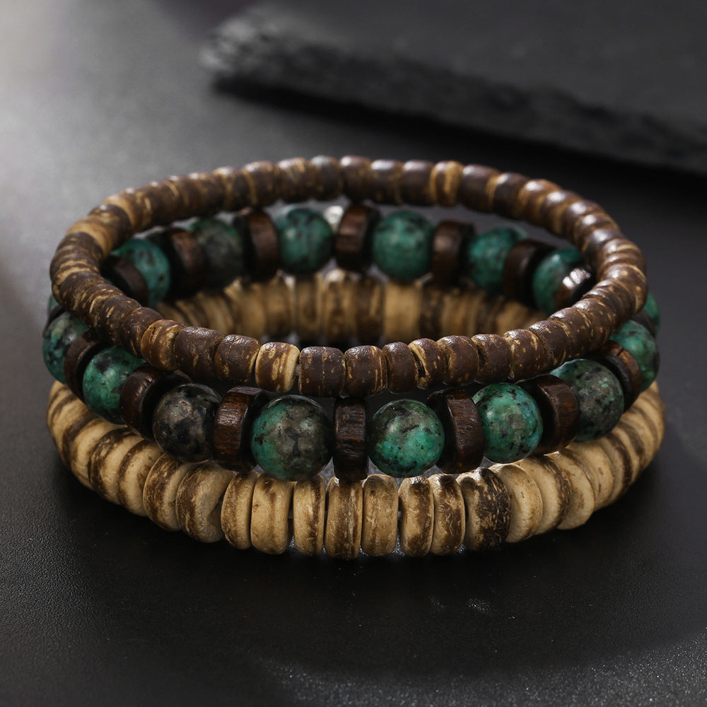 Vintage Round Wood and Agate Beaded Bracelet for Men and Women