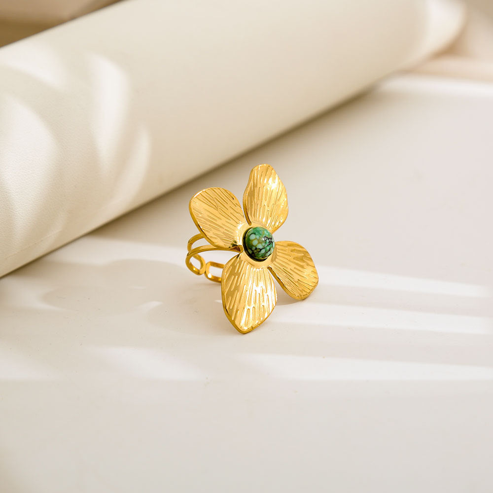 Anello Geometrico Rotondo in Acciaio al Titanio con Smalto Bianco e Nero Stile Vintage Fascia Aperta Regolabile