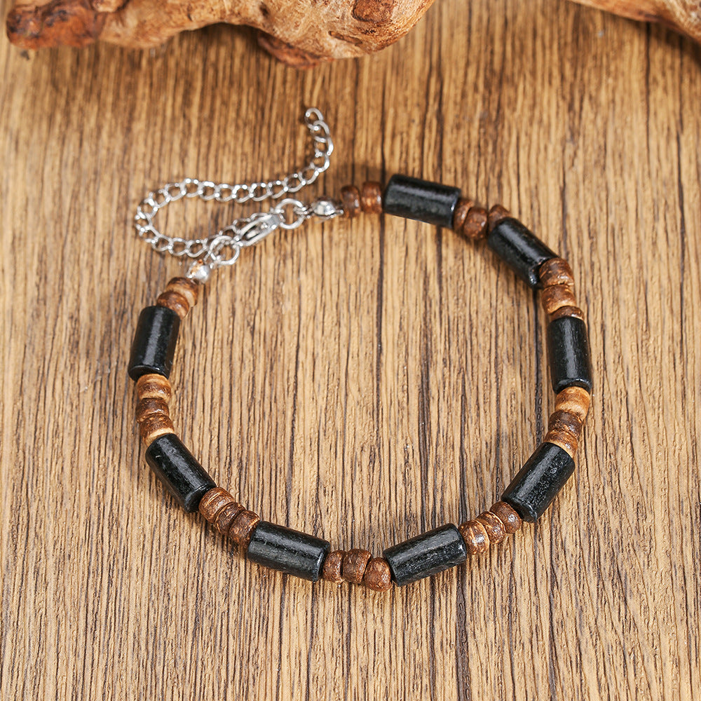 Bohemian Geometric Wood and Stainless Steel Beaded Bracelet for Men and Women