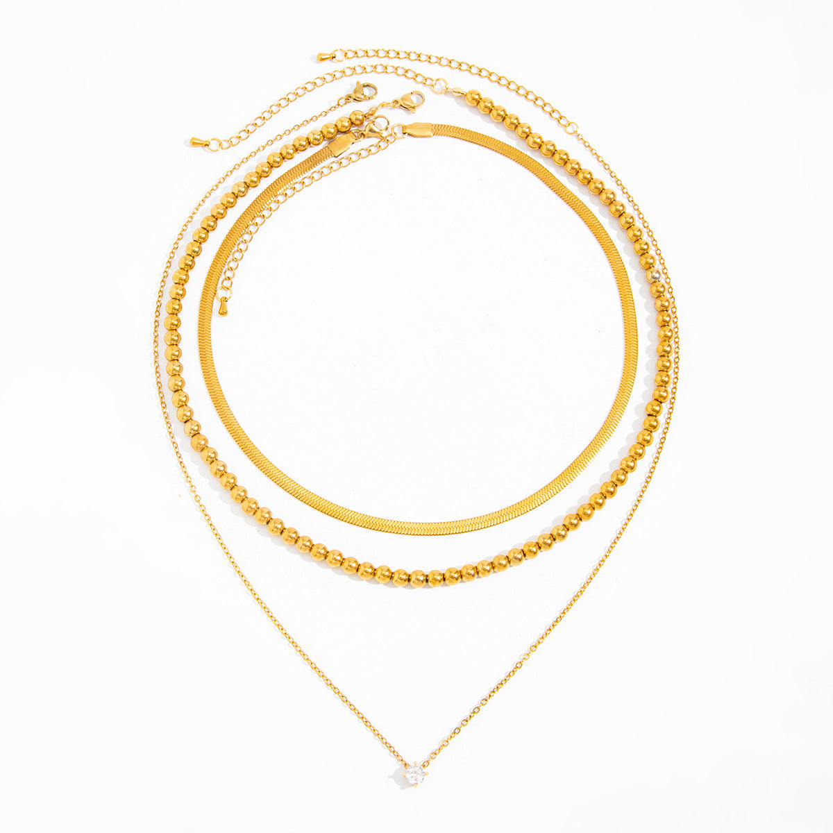 18K Gold Plated Stainless Steel Geometric Cubic Zirconia Pendant Snake Chain Necklace for Women