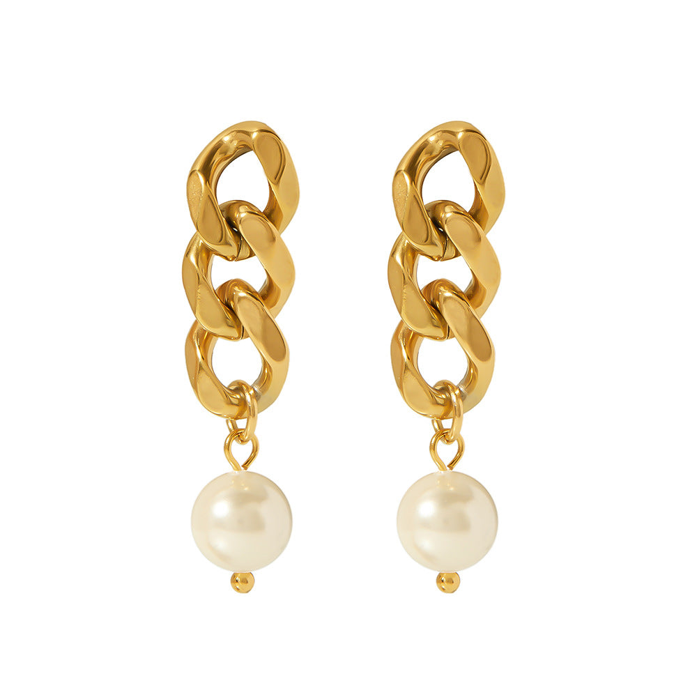Minimalist Geometric Pearl Earrings with 18K Gold Plated Stainless Steel Chain Dangle for Women