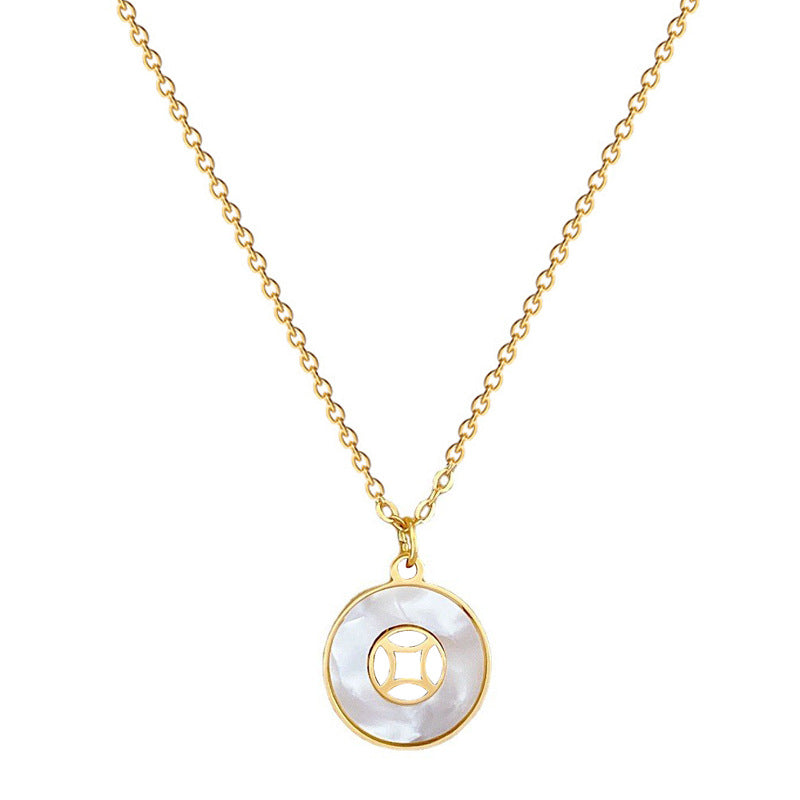 Collar minimalista de acero de titanio con colgante de moneda geométrica para mujer, cadena corta para clavícula con incrustaciones de diamantes de imitación