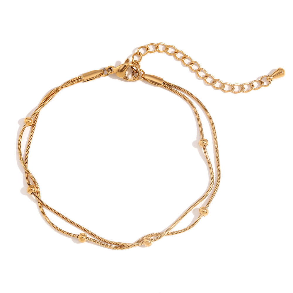 Minimalist Geometric Stainless Steel Plated 18K Gold Double Bead Snake Chain Anklet for Women