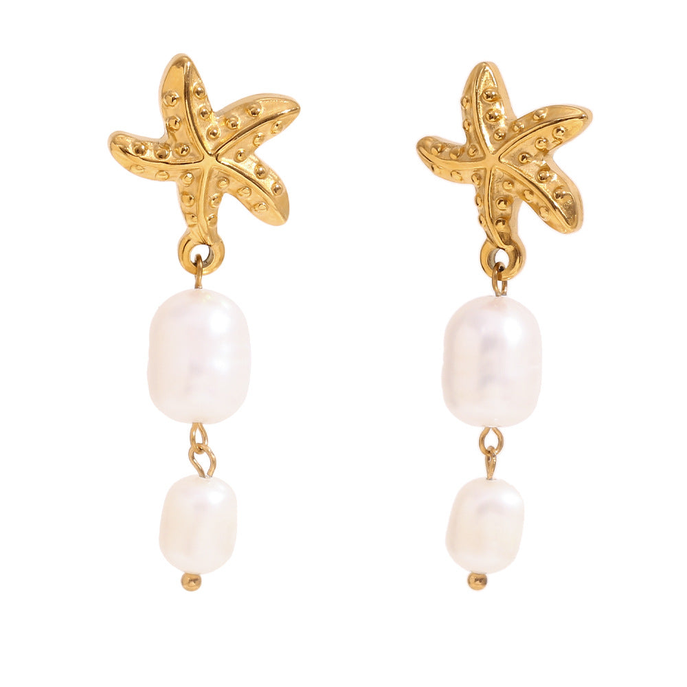 Orecchini pendenti da donna con perle e stelle marine, ispirati al vintage, in acciaio inossidabile con placcatura in oro 18 carati