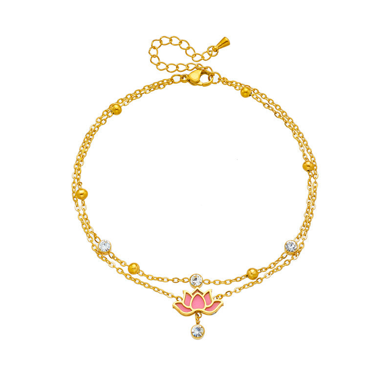 Fashion Floral Lotus Pendant Titanium Steel Anklet with Rhinestone Accents