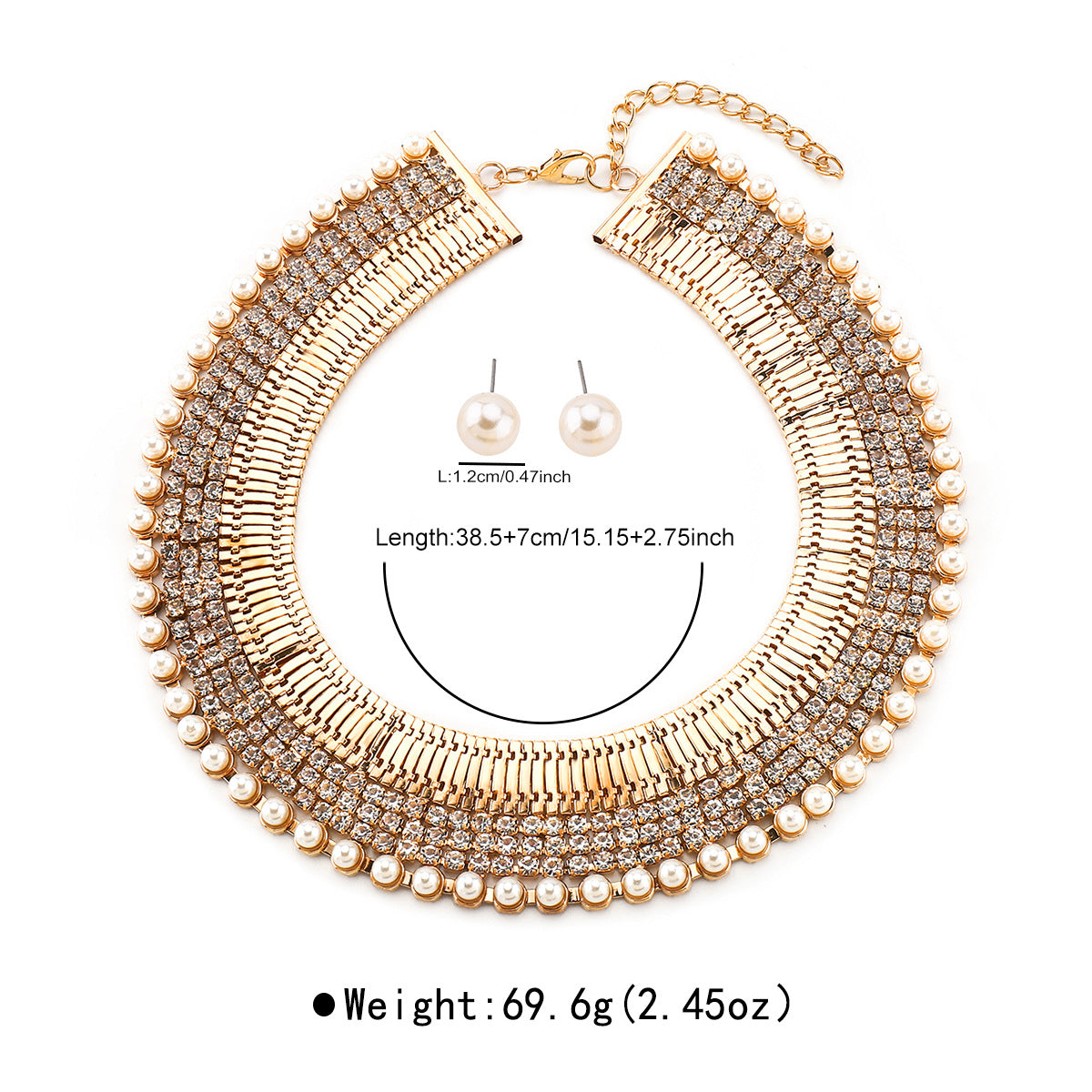 Parure di collana con ciondolo geometrico di lusso da donna, con intarsio di strass, base in ferro con accenti di perle simulate, modello a catena clavicola