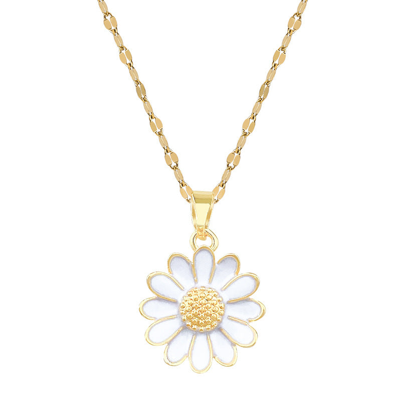 Sweet Elegant Geometric Sunflower Gold Plated Titanium Steel Necklace with Rhinestone Brass Pendant for Unisex
