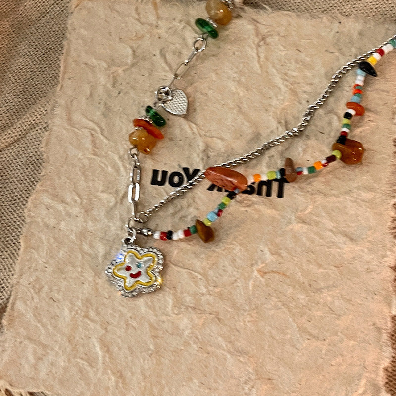 Collar Dopamina Multicolor de Perlas Estilo Caricatura de Candy Land para Mujer en Acero de Titanio con Acabado Chapado y Cadena de Cruz